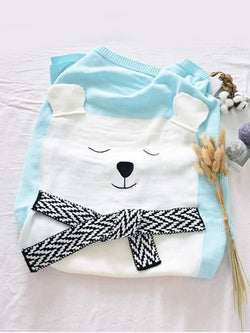Cute White Bear Pattern Knitted Blanket for Babies Toddlers Boys Girls