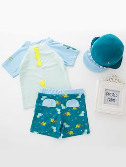 3-piece Cartoon Dinosaur Swimwear Set Hat Top Shorts for Toddlers Boys
