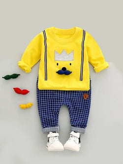 2-piece Cartoon Outfit King Top Sweatshirt Plaid Overalls Pants for Baby Toddler Boys