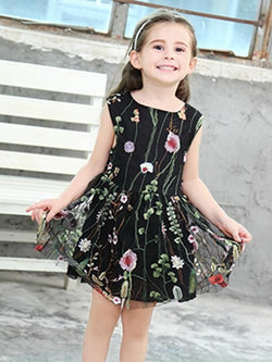Flower Pattern Embroidered Tulle Princess Dress Sleeveless for Toddlers Girls