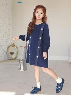 Stylish Blue Buttoned Long-sleeve Dress for Girls
