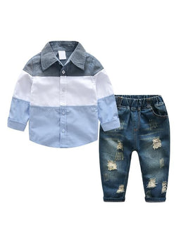2-piece Color Block Shirt Jeans Set Long-sleeve Top Cool Jeans for Toddlers Boys