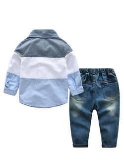 2-piece Color Block Shirt Jeans Set Long-sleeve Top Cool Jeans for Toddlers Boys