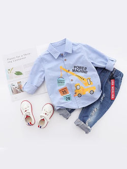 Cartoon Vehicle Crane Printed Cotton Shirt Long-sleeve for Toddlers Boys