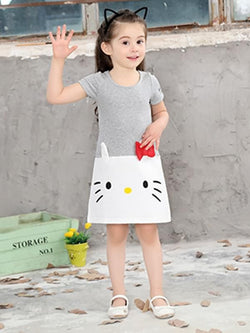 Cat Print Appliqued Cotton Dress Short-sleeve Dress for Toddlers Girls