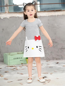 Cat Print Appliqued Cotton Dress Short-sleeve Dress for Toddlers Girls