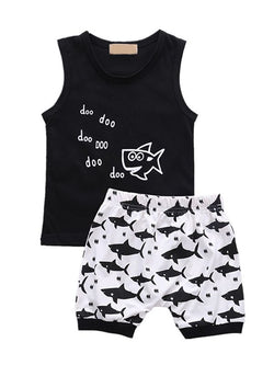 2-piece Shark Print Cotton Tee Set Sleeveless Top T-shirt Shorts for Baby Boys