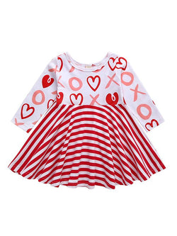 Hot Sale Kids Stripes Pleated Dress Long Sleeves Printed Splicing Cotton Dress For Toddlers Girls