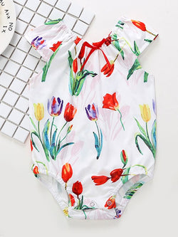 Hot Sale Clorful Tulips Printed Romper Bodysuit For Baby Girls