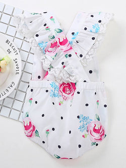 Backless Floral Woven Fabric Romper Dots Print Bodysuit for baby Girls