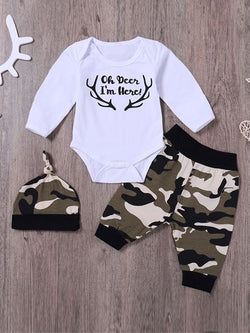 3-piece Hat Romper Pants Baby Set Letters Printed Deer Horns Camouflage Hat Trousers For Baby Boys Girls