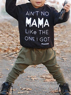2-piece Top Pants Baby Set Letters Print Black Long Sleeves Tees Green Trousers For Baby Boy