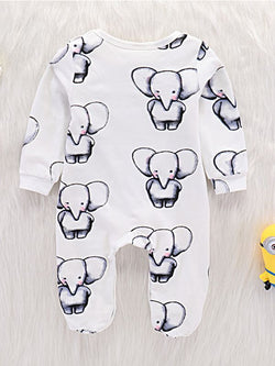 Elephant Printed Long Sleeves Baby Onesies Jumpsuit White